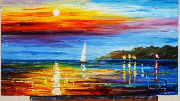 Закат на море акрилом трудности