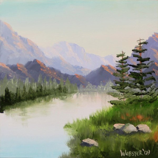 Горы и озеро акварель