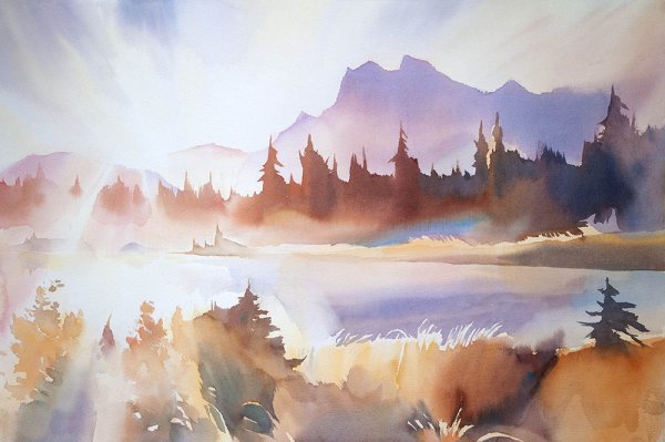 Акварельные пейзажи рассвет