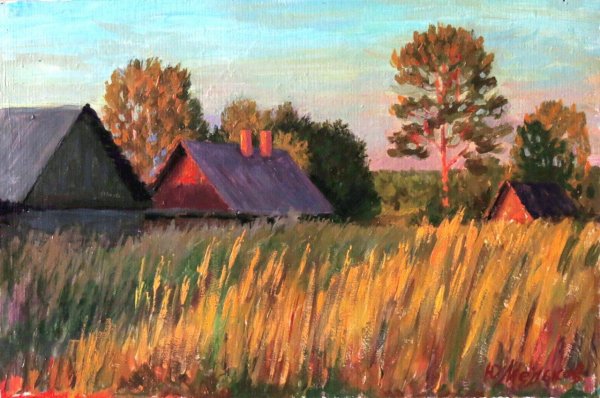 Деревенский пейзаж гуашью