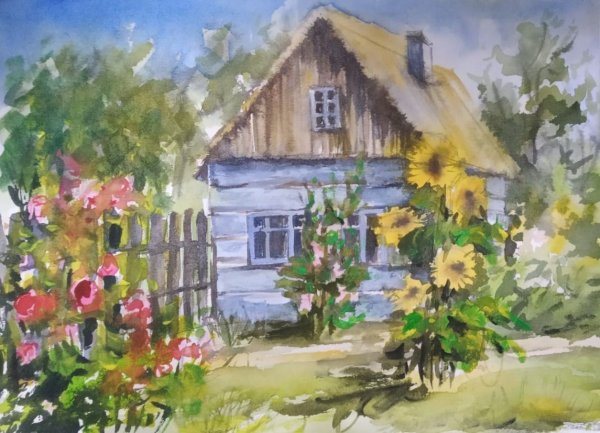 Сельский пейзаж акварелью