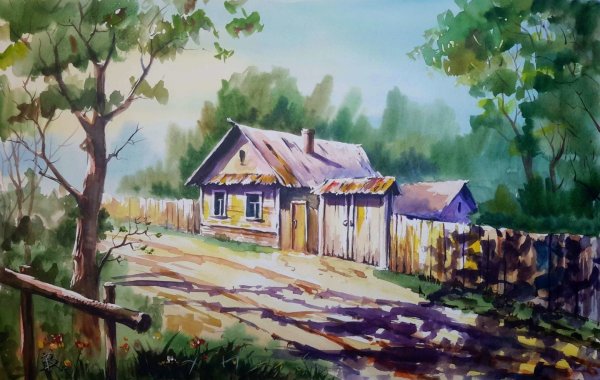 Сельский пейзаж гуашью