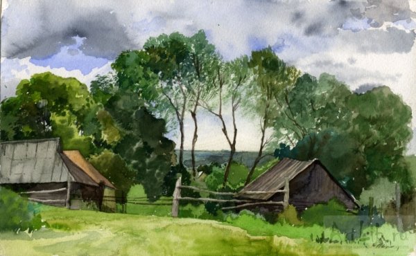 Деревенский пейзаж акварелью для начинающих