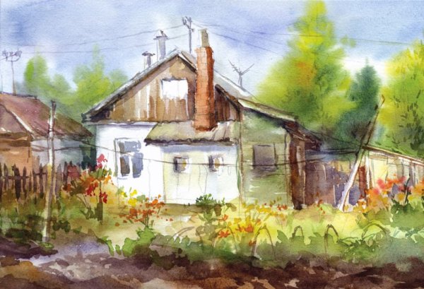 Деревенский пейзаж гуашью