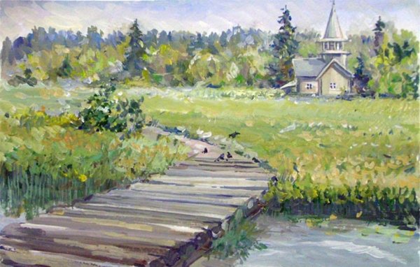 Сельский пейзаж акварелью