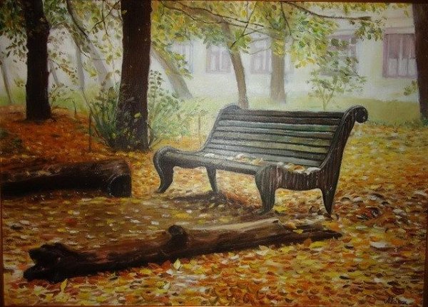 Скамейка в парке живопись