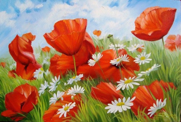 Цветочное поле красками