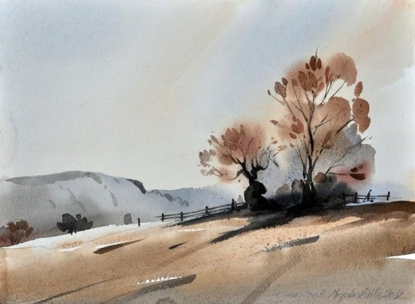 Минималистичный пейзаж акварелью