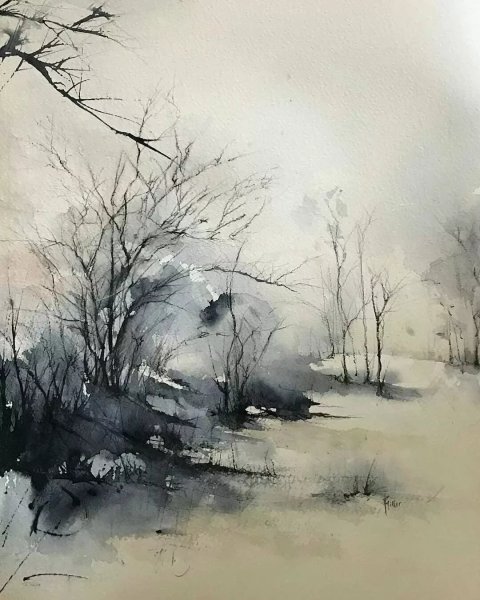 Мрачный пейзаж акварелью