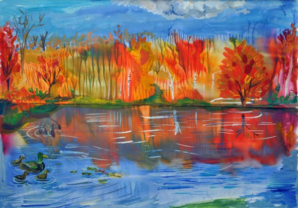 Монотипия Пейзажная Золотая осень