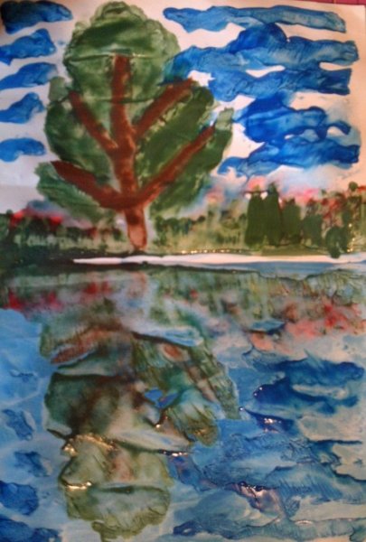 Монотипия пейзаж у озера