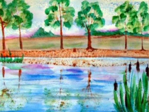 Пейзаж у озера монотипия в старшей группе