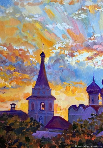 Пейзаж маслом с храмом