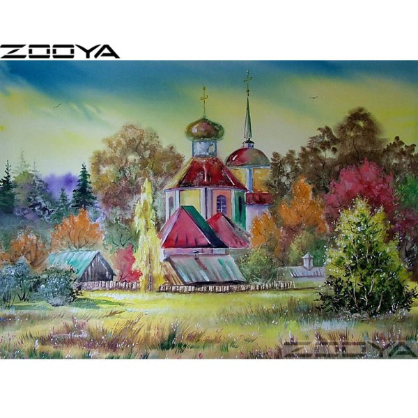 Пейзаж с Церковью акварелью