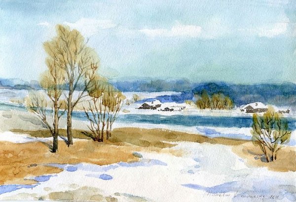 Весенний пейзаж акварелью