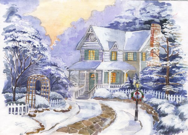 Зимний домик рисование