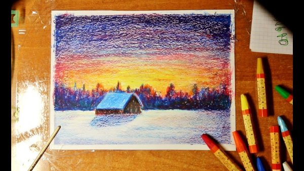 Зимний пейзаж цветными карандашами
