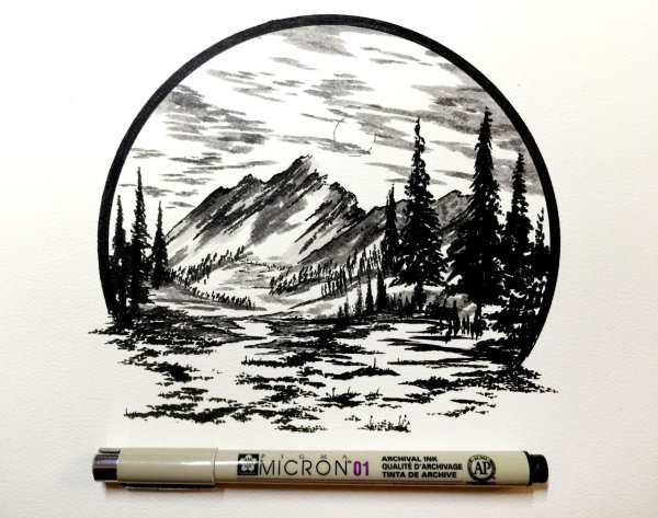 Деревенский пейзаж в графике