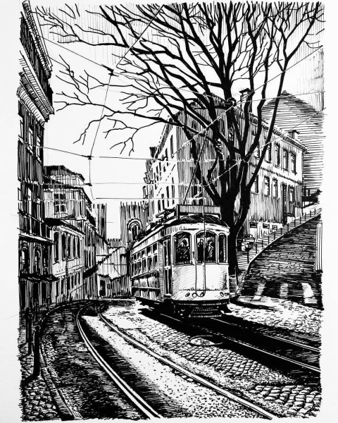 Зимний пейзаж карандашом