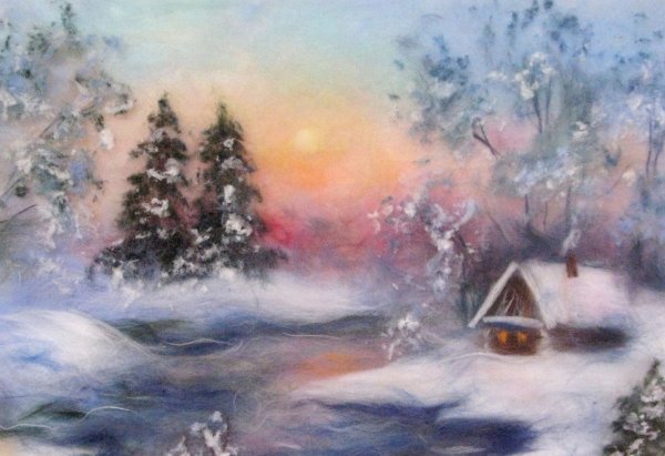 Шерстяная живопись зимний пейзаж