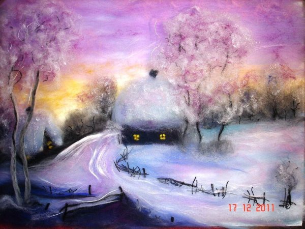 Картины из шерсти зима