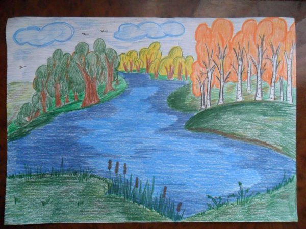 Озеро рисунок карандашом цветным