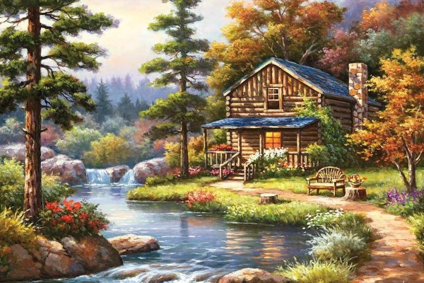 Пейзаж домик в лесу