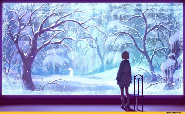 Аниме девушка в зимнем лесу