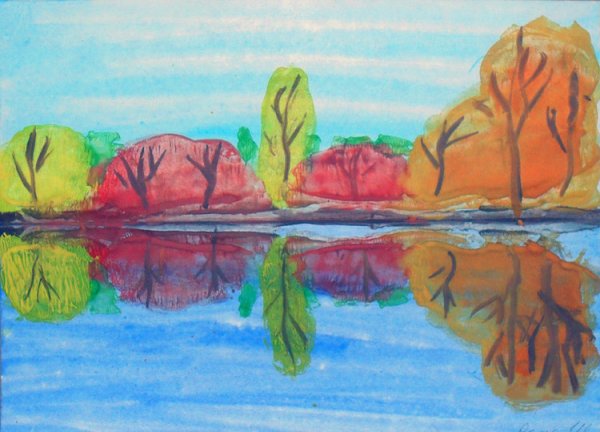 Монотипия пейзаж у озера