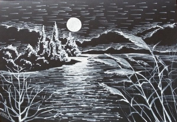 Зимний пейзаж белой гуашью