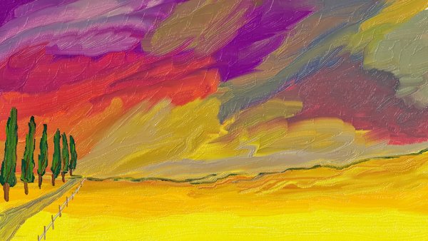 Пейзаж в теплых тонах акварель