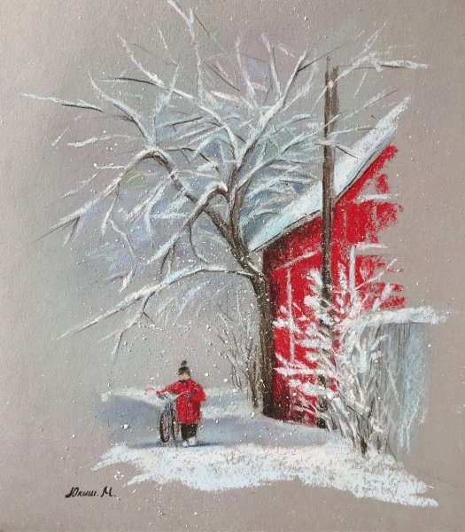 Зимний пейзаж масляной пастелью