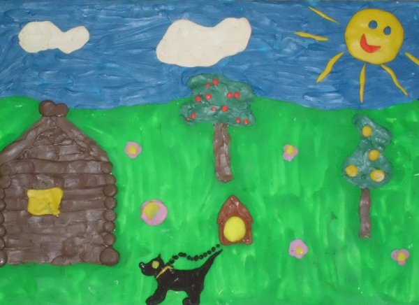 Аппликация из пластилина деревня