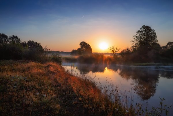 Роса, рассвет, река