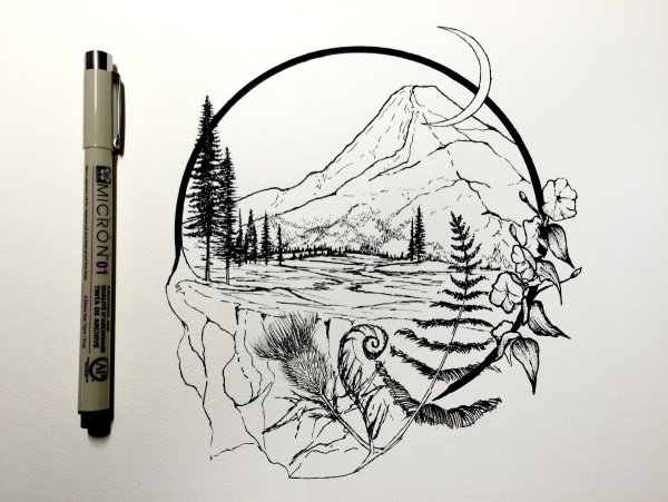 Пейзаж черной ручкой