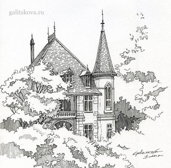 Архитектурный пейзаж гелевой ручкой