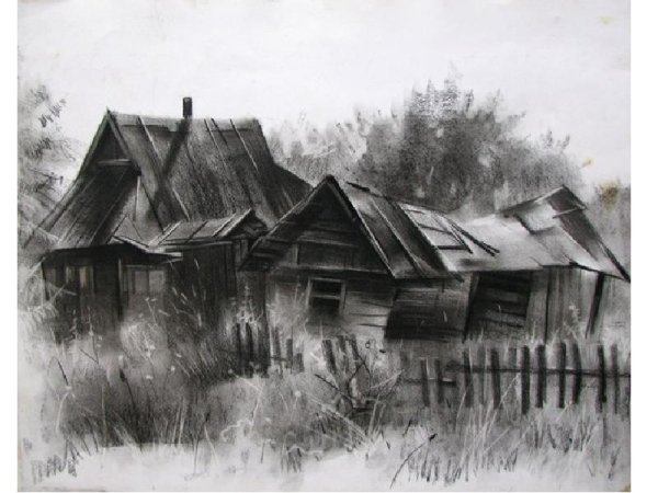 Деревенский пейзаж в графике