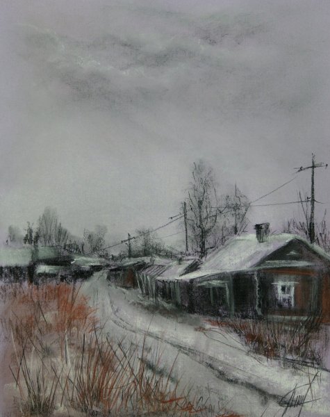 Зимний пейзаж углем