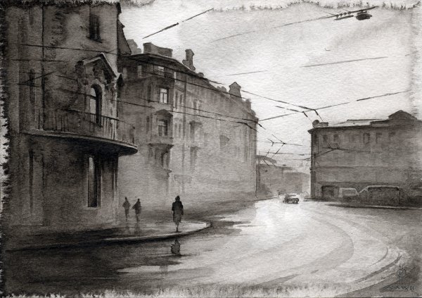 Графический пейзаж на тонированной бумаге