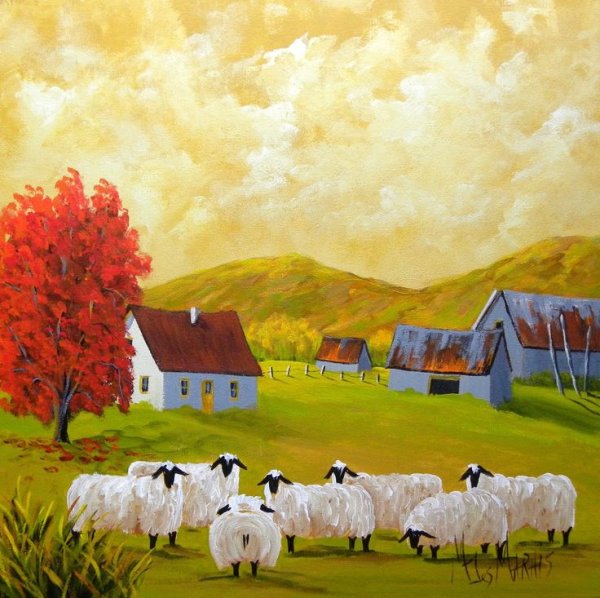 Пейзаж маслом с овечками