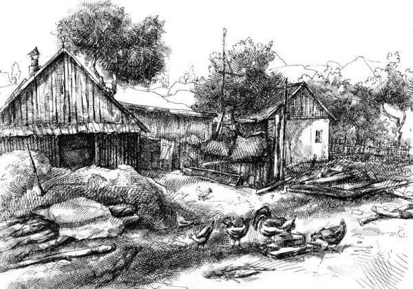 Деревенский пейзаж Графика