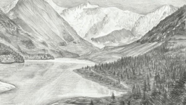 Горный пейзаж карандашом
