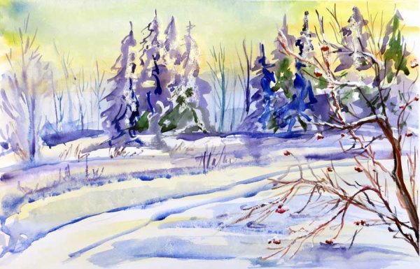 Зимний пейзаж акварелью для детей