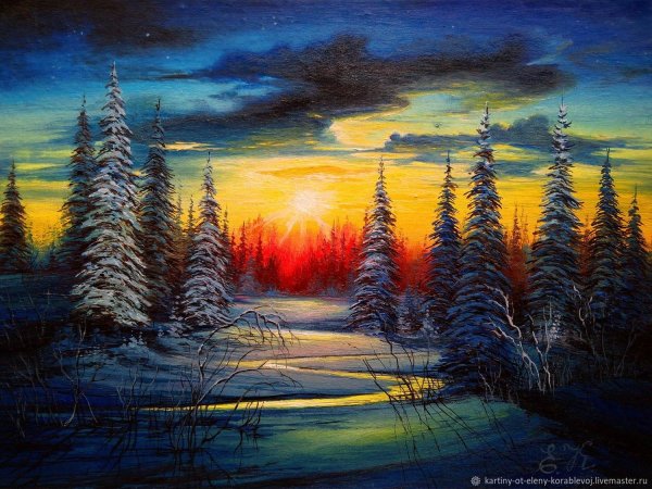 Зимний ночной пейзаж маслом