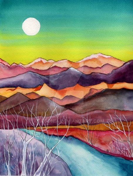 Декоративный пейзаж акварелью стилизованный