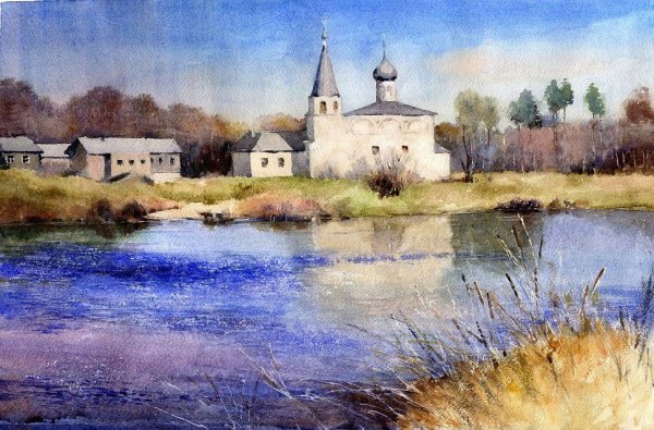 Андрияки акварель пейзаж Лунная ночь