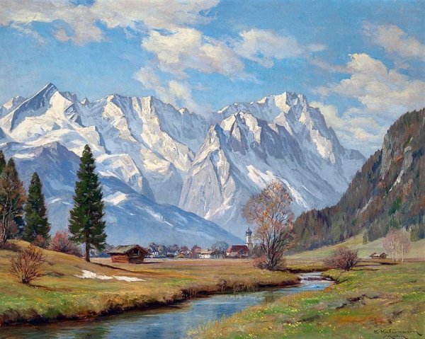 Картина "Альпийский пейзаж с домом" Оскар Муллей