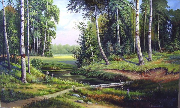 Ручей в берёзовом лесу картина Шишкина