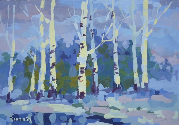 Весенний пейзаж гуашью