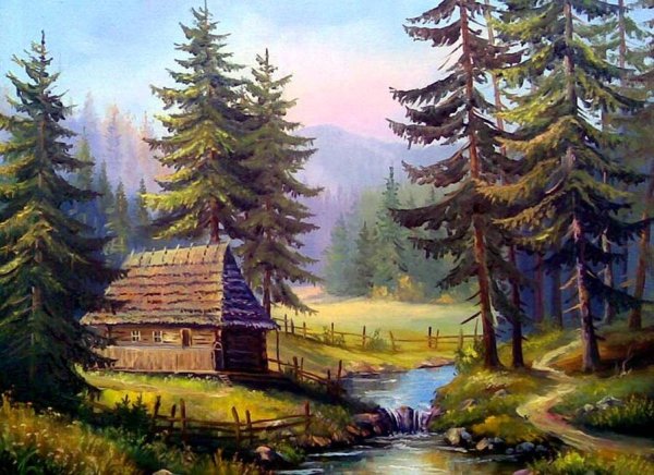 Картина домик в лесу